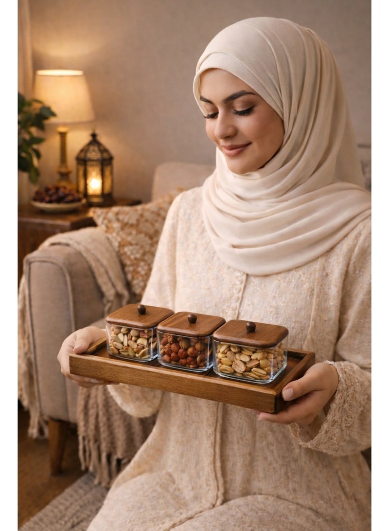 أولودينيز  طقم فاخر من 3 عبوات زجاجية بغطاء خشبي وقاعدة أنيقة – لتخزين السكر والتوابل والمكسرات - Image 3